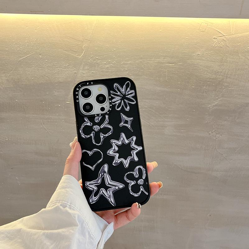 Matte Black Magnetic Metal Floral Graffiti Case for Apple iPhone 14, 15 Pro, 16 Pro Max