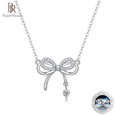 S925 Silver Moissanite Light Luxury Bow Pendant Pink Feelings Necklace