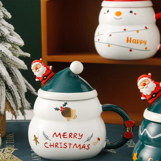 Weihnachts-Keramiktasse mit Deckel und Löffel 480ml Großes Fassungsvermögen Kaffee-Tee-Tasse