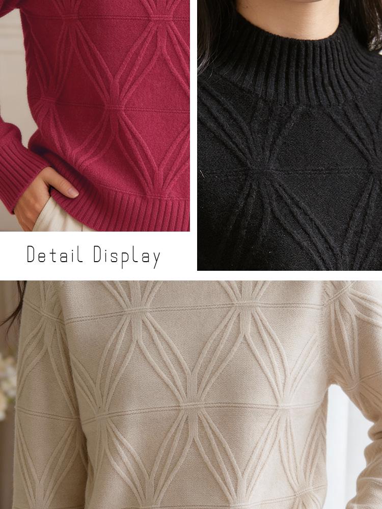 Women's Thick Warm Wool Knit Sweater, Half-High Neck, Diamond Pattern, Autumn/Winter, Solid Color, Loose Fit, Versatile Casual Style.