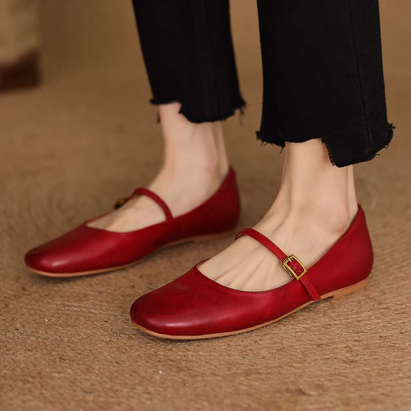 Krazing Pot Kuhleder Mode Frühling Herbst Schönheit Flach mit Damen Square Toe Schuhe Mary Janes Flache Ballerinas