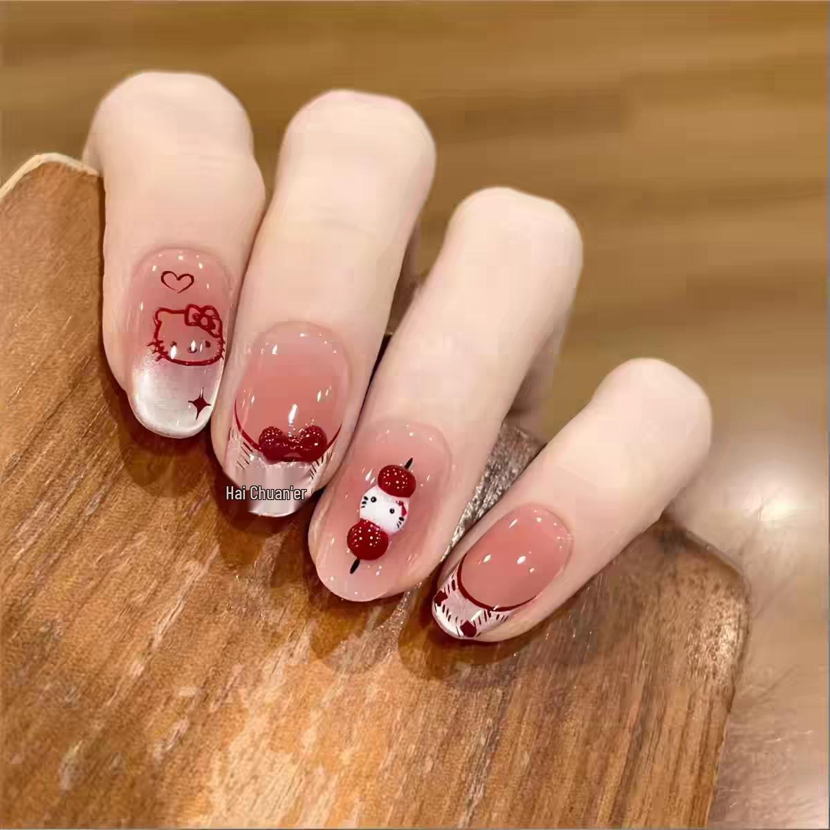 Short Oval Cat Eye French Manicure Bow Nails - Cute Detachable Tips for a Fairer Look Bagged XS