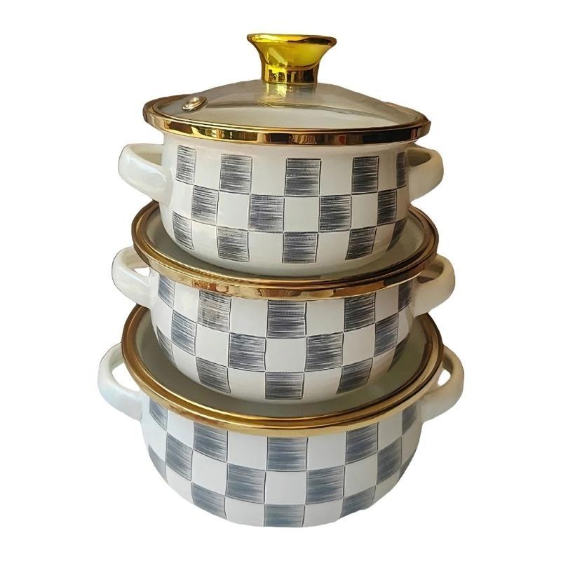 652F Pack of 3 Multifunctional Enamel Pot Suitable All Dishes Healthy User Friendly Materials Simple Maintenance Daily Use
