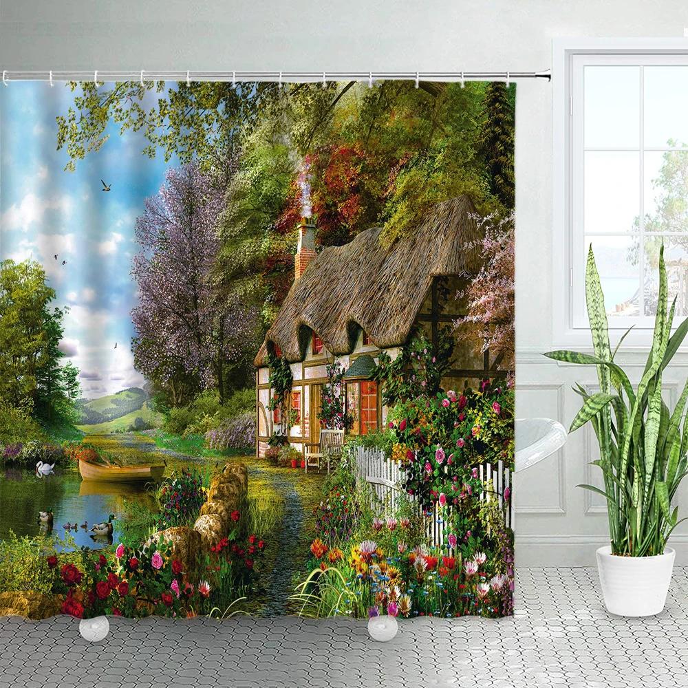 Spring Rural Landscape Shower Curtains Set Pink Flowers Tree Forest Natural Floral Green Plant Scenery With Hooks Bathroom Decor