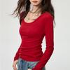 Damen gekämmte Baumwolle U-Ausschnitt Langarm Slim-Fit T-Shirt - Herbstmode, vielseitiges einfarbiges Oberteil