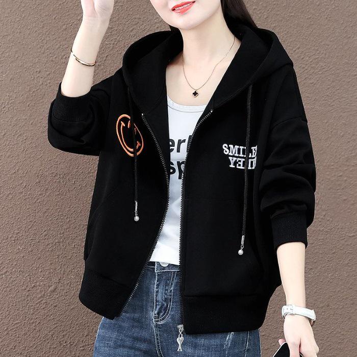 

Вышитая куртка из чистого хлопка: Женский легкий кардиган-толстовка с капюшоном, свободного кроя, в корейском стиле, на весну/осень 2025 XXL чёрный
