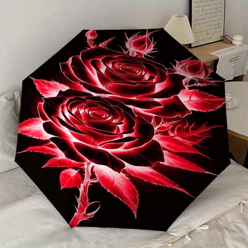 Red Rose Auto Open Close Umbrella - Portable Folding Design with 8-Bone Iron Frame, Perfect for Outdoor, Festive Gifts, Travel, Daily Use, a
