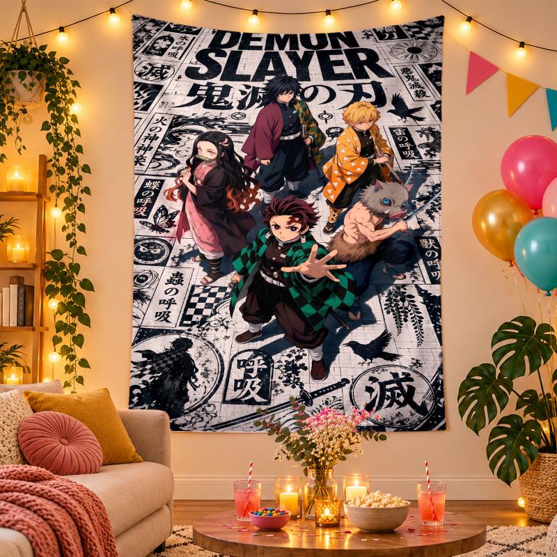 Polyester Wall Tapestry with Demon Slayer Design, Decorative Hanging for Bedroom Living Room Dorm