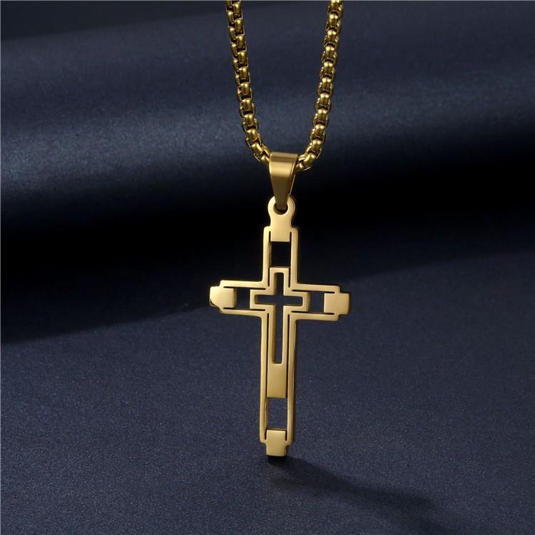 1PC Hip Hop Cross Stainless Steel Chain Necklaces Gold Color Long Pendant Necklace