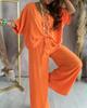 Summer Two Piece Set For Women Long Pant Sets V Neck Bat Sleeve Casual Loose Wide-leg Pants 2 Piece Set Solid Color Outfits