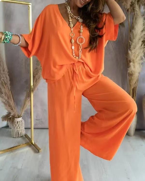 Summer Two Piece Set For Women Long Pant Sets V Neck Bat Sleeve Casual Loose Wide-leg Pants 2 Piece Set Solid Color Outfits
