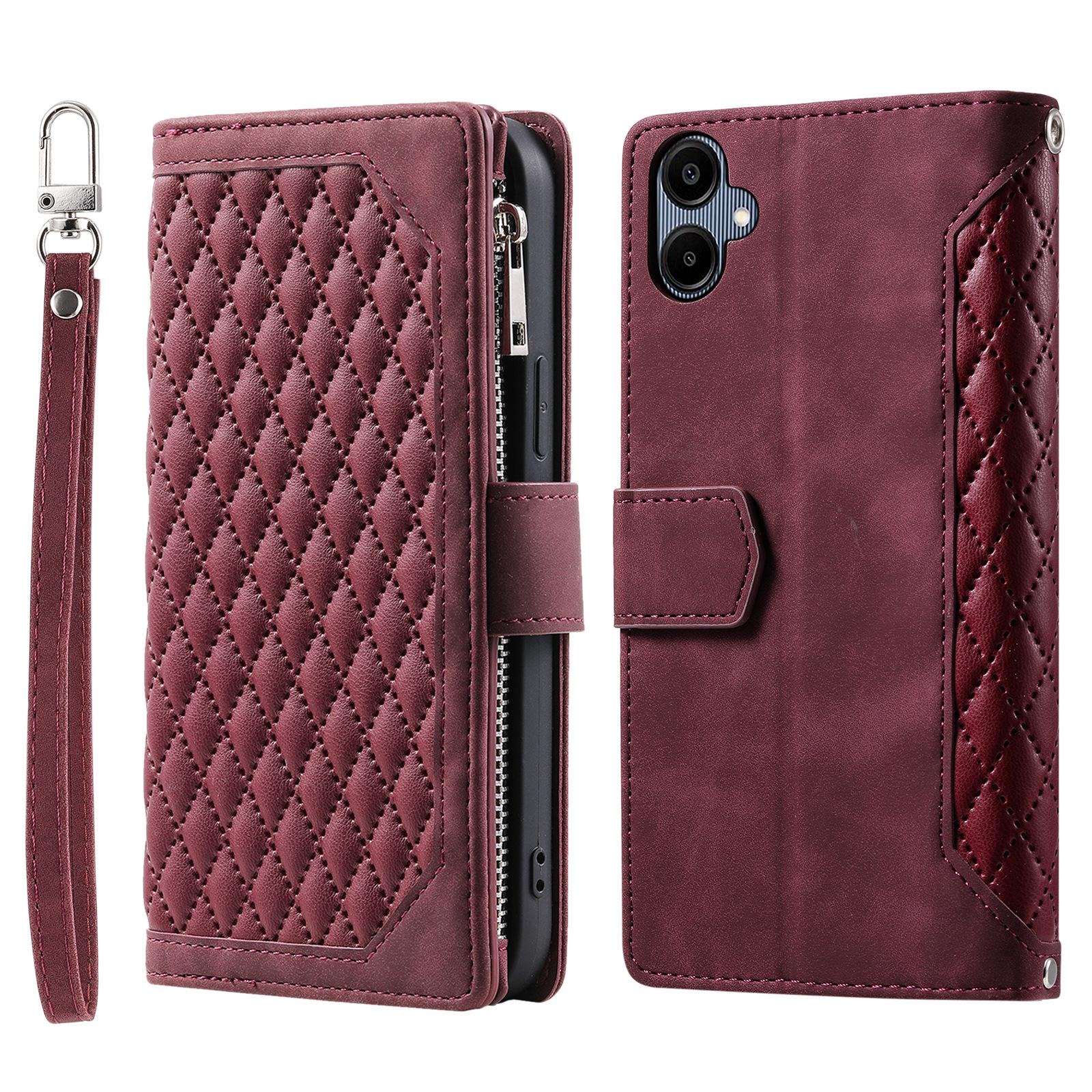 

Style 005 For Samsung Galaxy A06 5G Wallet Case Rhombus Stitching Line PU Leather Phone Cover Wine Red
