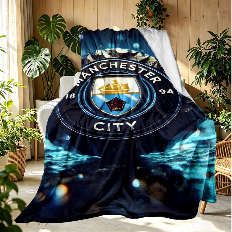 Manchester City FC Pattern Blanket for Home Decoration, Bed, Sofa, Car Travel, Camping, Suitable for All Seasons, Birthday Christmas Gift