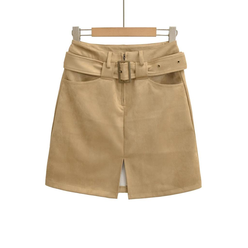Women's Suede Plush Belted Pencil Skirt - Autumn/Winter Collection
