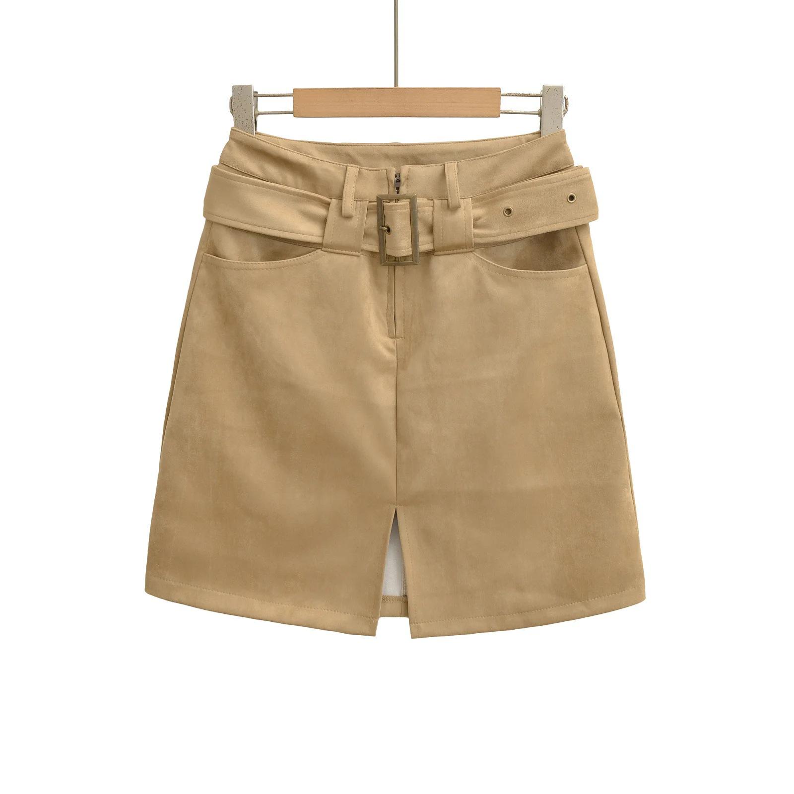 Women s Suede Plush Belted Pencil Skirt - Autumn/Winter Collection Small хаки