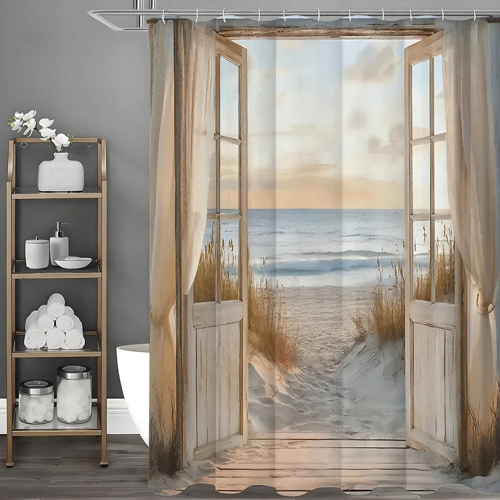 Ocean Beach Drewniane Drzwi Botaniczna Zasłona Prysznicowa, Dekoracyjna Zasłona Prysznicowa do Łazienki, Wodoodporna Zasłona Prysznicowa z Haczykami