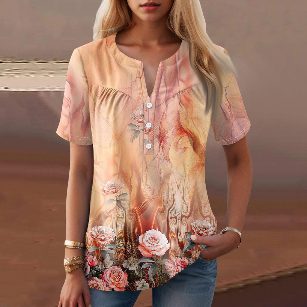 Women's Casual Floral Print V-Neck Short Sleeve Decorative Button T-Shirt Top