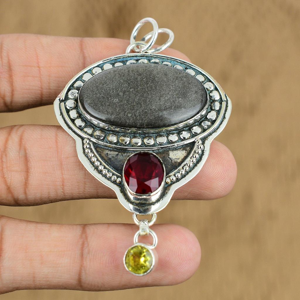 Anniversary Gift For Her Natural Silver Sheen Obsidian Pendant 925 Silver