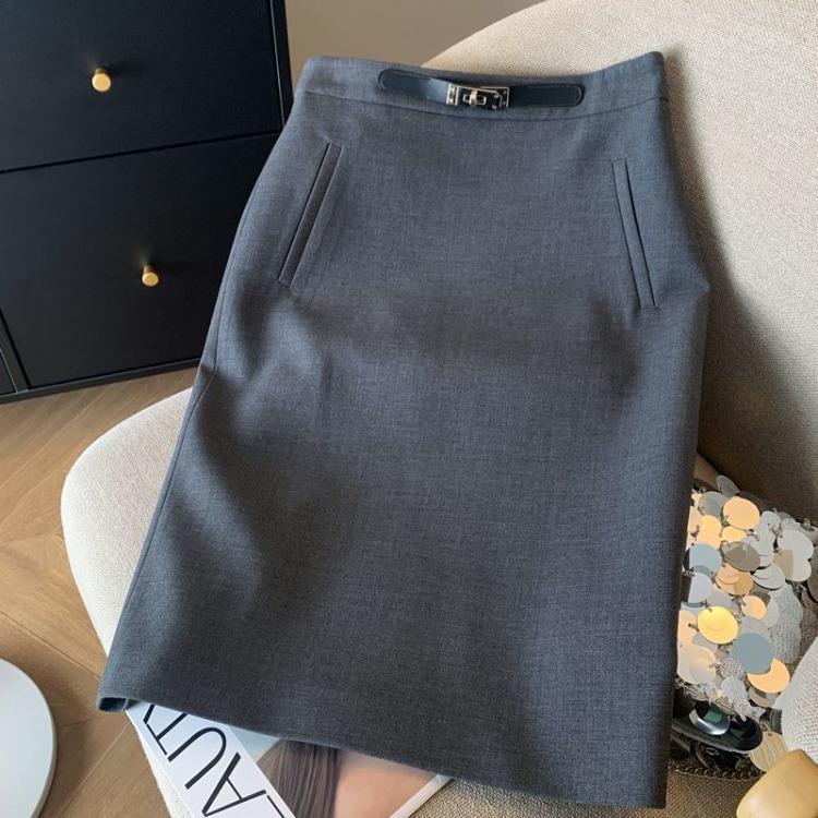 Elegant High Waist Gray Office Pencil Skirt Women Split Slit Work Slim Fit Skirts