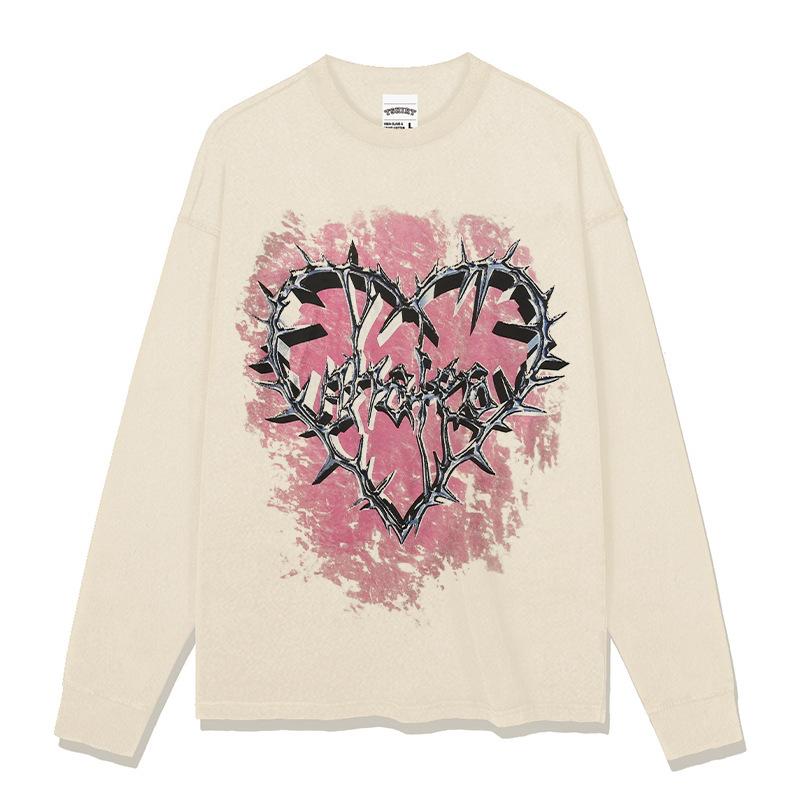 Washed Retro High Street Thorns Small Heavy Vintage Printed Short-Sleeved T-Shirt Retro Neckline Love Bottoming Shirt Cotton