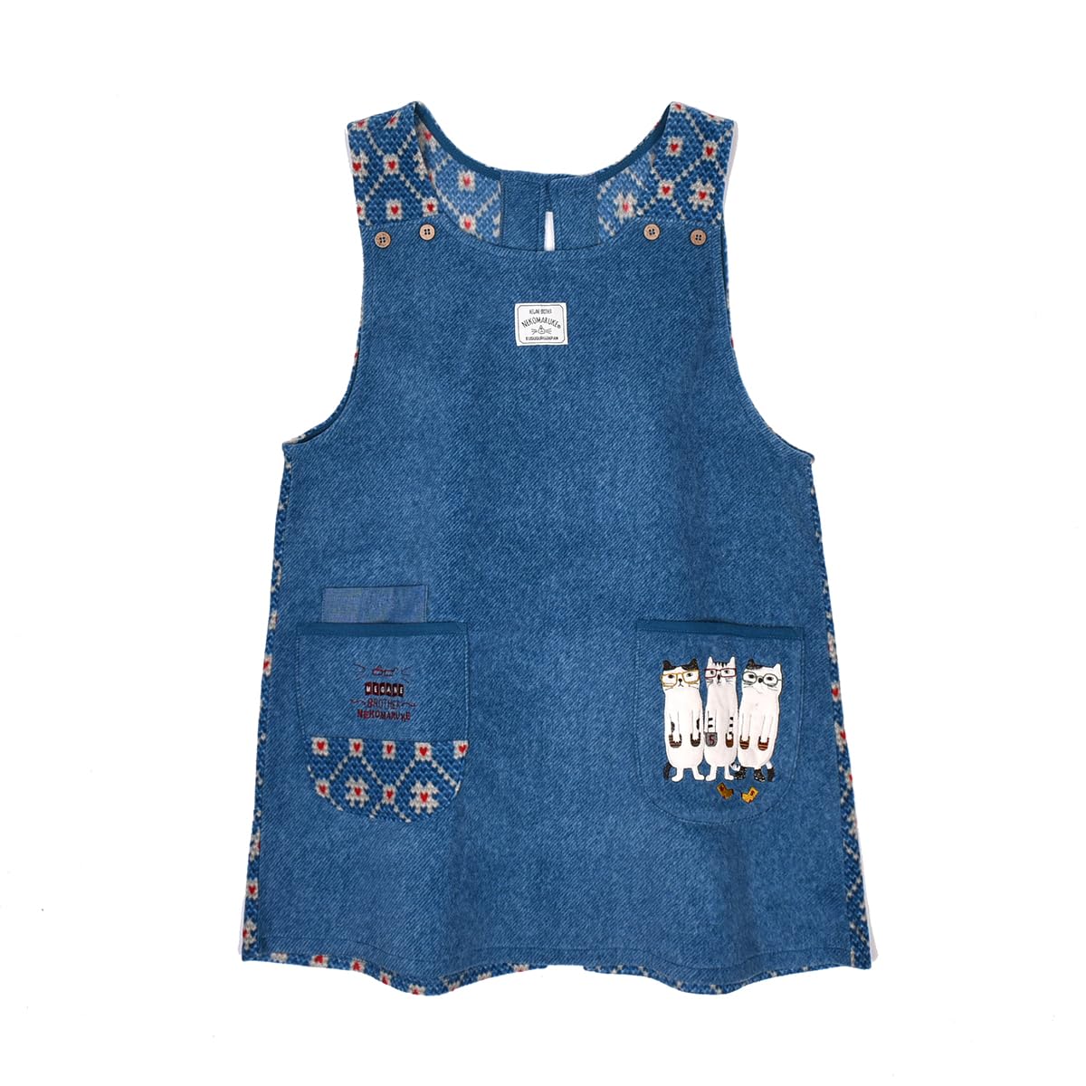 

Fleece Cat Round Button Ribbon Open Apron BL синій