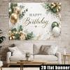 2D Flat Banner, Happy Birthday Backdrop, Dark Green and Golden Balloons, Gift Boxes, Fresh Green Leaves