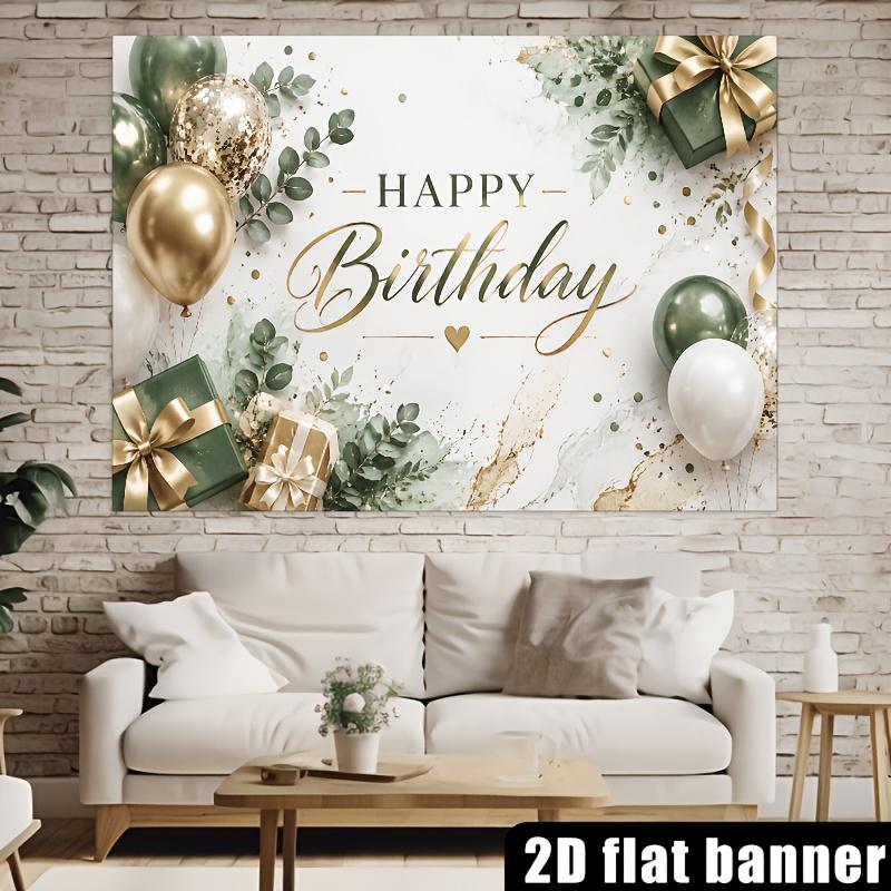 2D Flat Banner, Happy Birthday Backdrop, Dark Green and Golden Balloons, Gift Boxes, Fresh Green Leaves