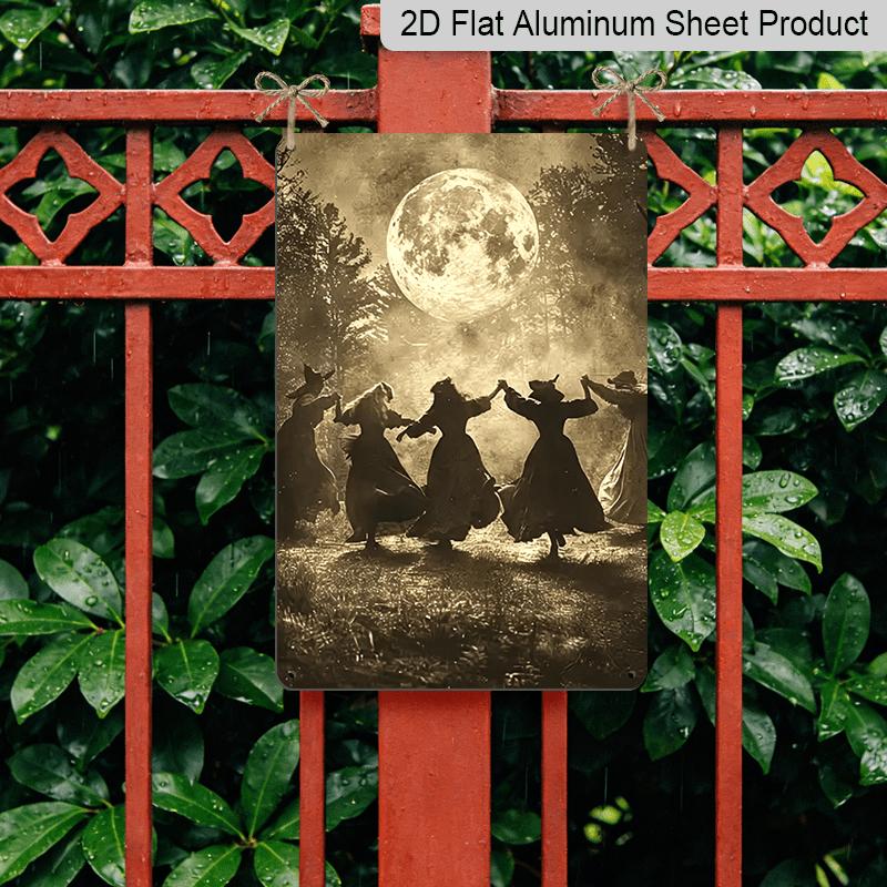 2D Flat, 1pc Vintage Witches Dancing Under Full Moon Aluminum Sign - Gothic Halloween Decor, 8*12 Inches, Suitable for Living Room Wall, Garden