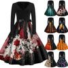 Women's Casual Vintage Halloween Print V Neck Long Sleeve Dress Retro Style A Line Skirt with Waist Tie for Seasonal Wear