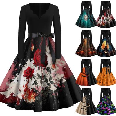 Women Casual Vintage V Neck Dress Halloween Printed Long Sleeve Retro Swing Dress with Waist Tie Belt for Daily Wear