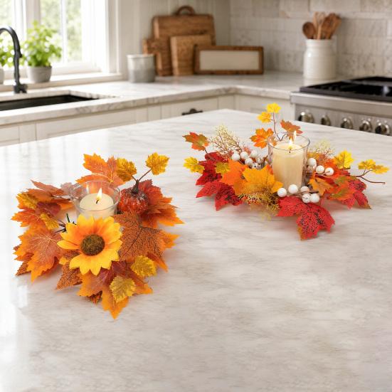 Rustic Fall Candle Decoration Rings Wreaths Artificial Maple Leaf Ring for Pillar Seasonal