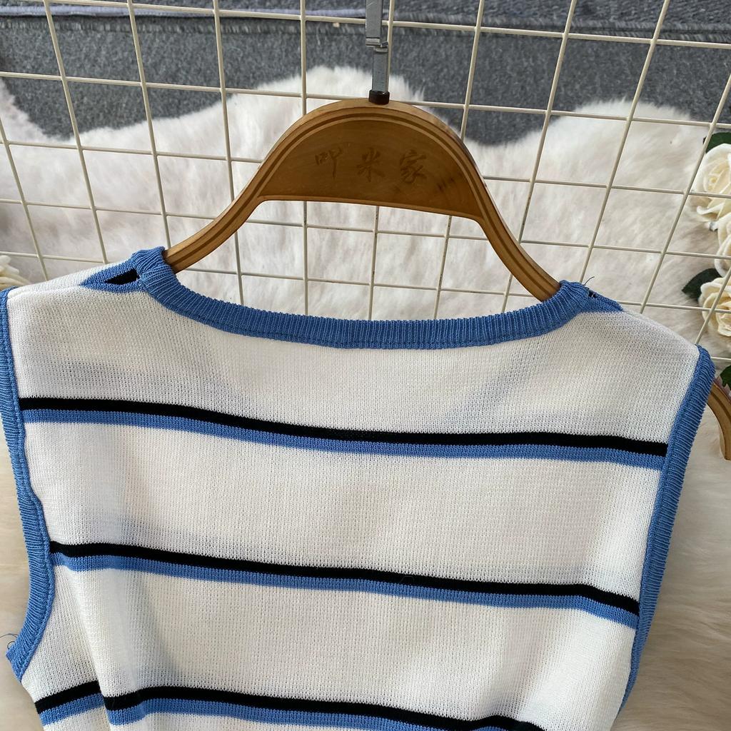 Casual Striped Crew-Neck Sleeveless Knit Top and High-Waisted Slimming Bodycon Midi Skirt Sets Summer Knitted Two Piece Sets for Women