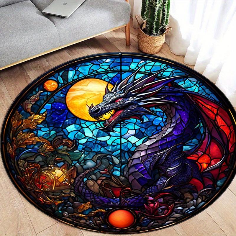 Vibrant Stained Glass Dragon Round Rug – Anti-Slip, Durable Polyester Carpet with Cosmic Design, Rich Blues, Purples, Reds & Ora