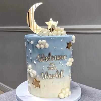 1 Set Acrylic Welcome To The World Stars Moon Birthday Cake Mermaid Tail Toppers For Baby Party Cupcake Decoration Cake Stand