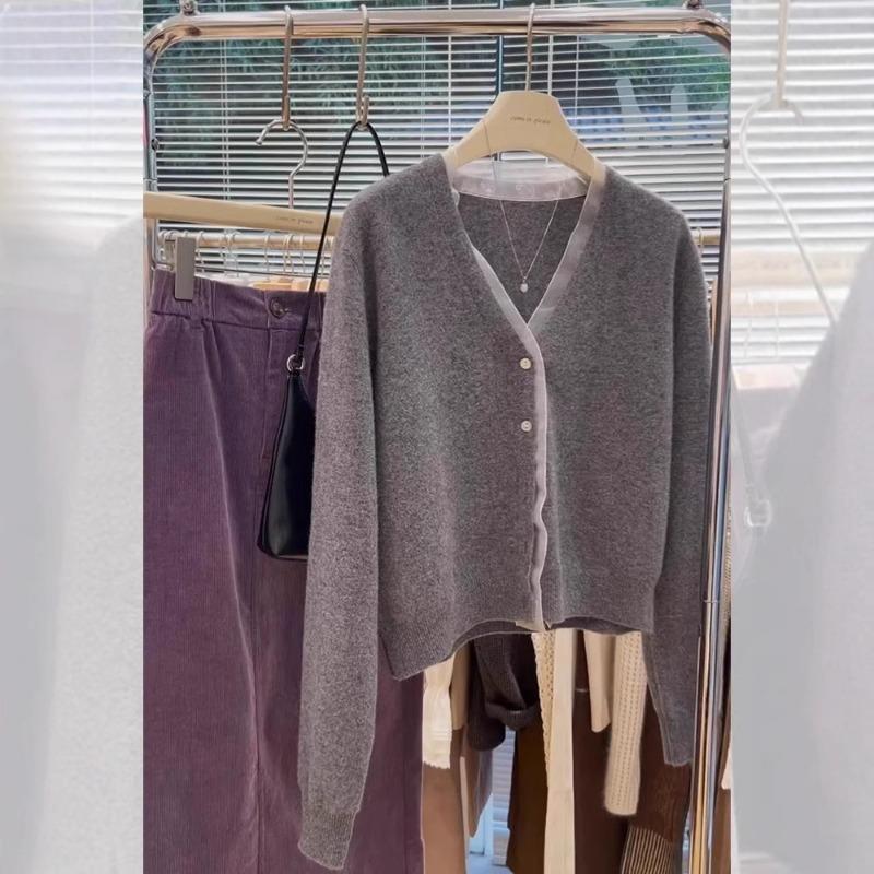 Gray lace splicing lace short cardigan sweater jacket women's autumn and winter small people wear knitted sweater