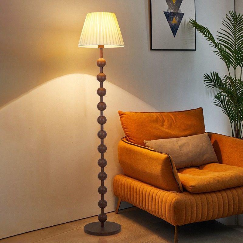 Mid-Century American Retro Floor Lamp with Walnut Finish and Fabric Shade