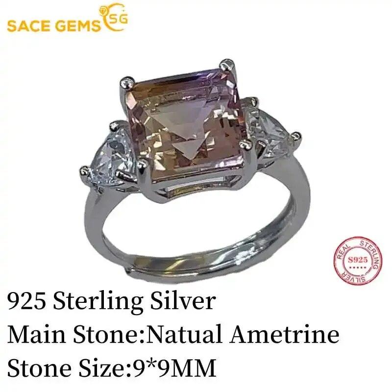 SACEGEMS 9*9MM Natual Ametrine Rings for Women 925Sterling Silver Wedding Party Fine Jewelry Festival Gift