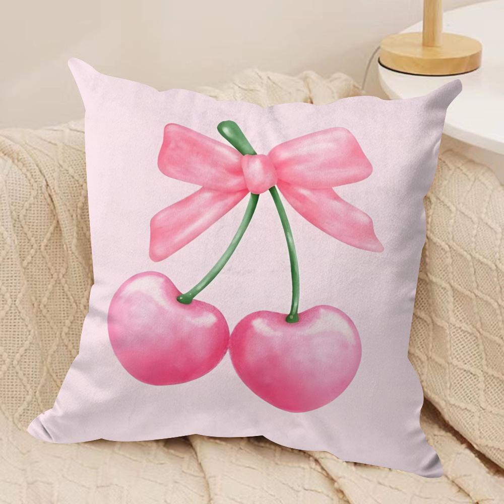 Pink Bow Cherry Cushion Cover Soft Plush Fabric Double-Sided Printed Sofa Cushion Cover for All Seasons Home Decor Gift