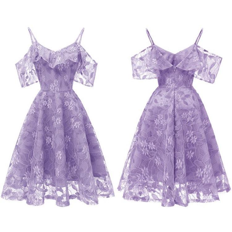 Bright Deer Women Cold Shoulder Bridesmaid Dress Floral Crochet Lace Ruffle Cami Strap Midi Dress for Wedding Evening Formal Party Cocktail Occasions