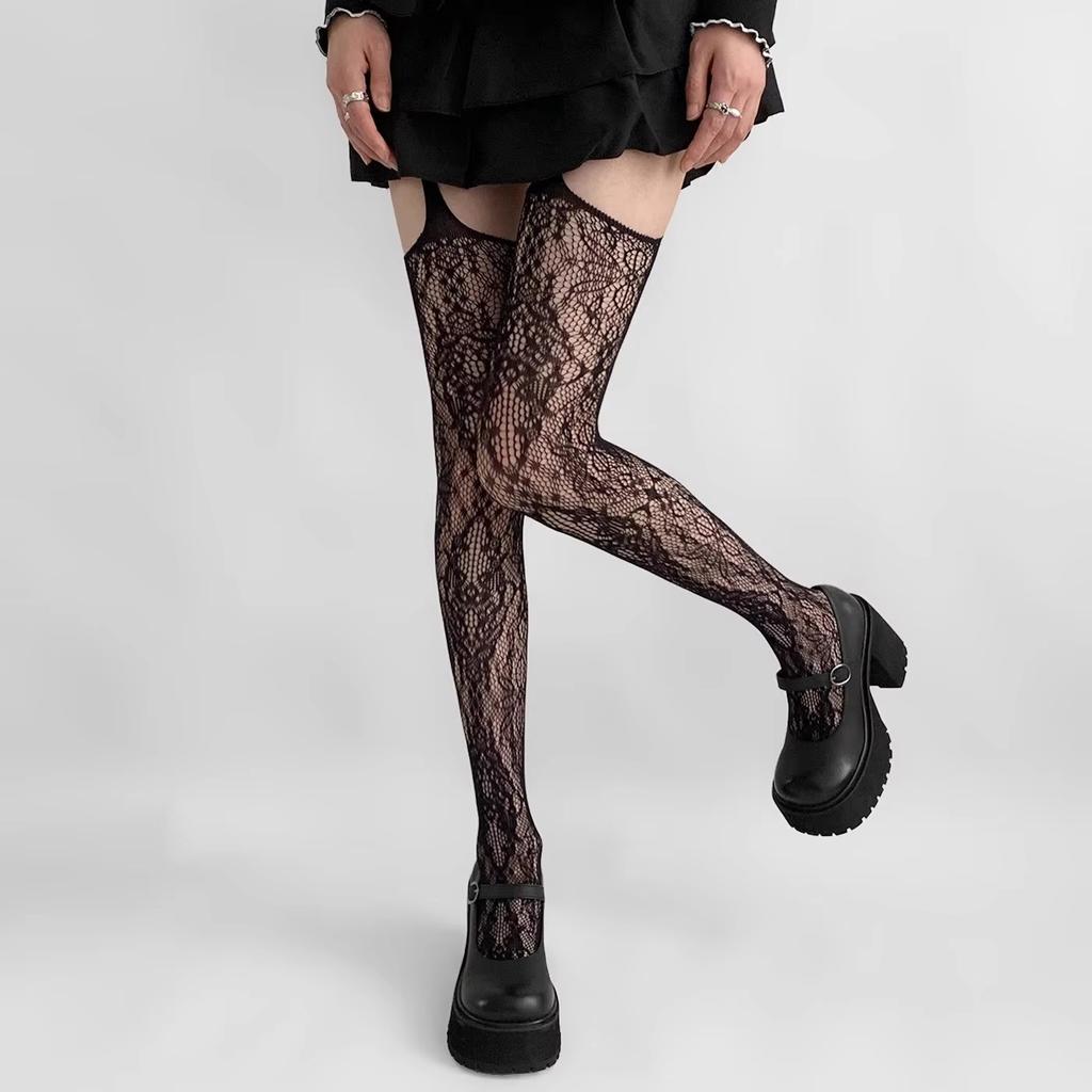Lolita Sweet Girls Punk Style Floral Tights Colorful Thigh High Stockings Sheer Fishnet Suspender Tights Garter Belt Pantyhose