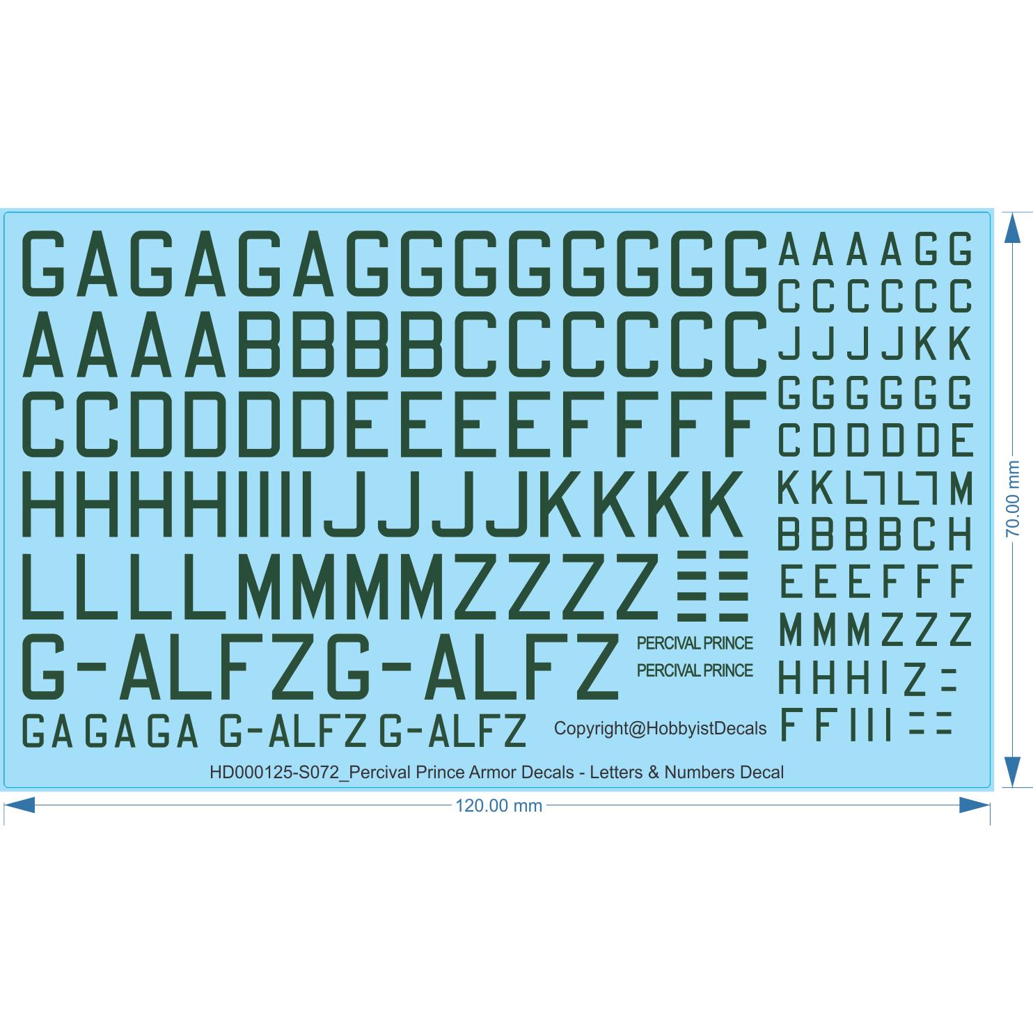 Percival Prince Armor Decals - 1/72 - Letters & Numbers Decals - Waterslide, 1/72