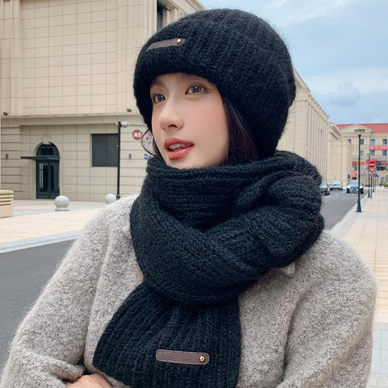 Hat Women's Autumn and Winter Cold and Warm Scarf Two-piece Set Versatile Wool Hat Fashion Face Small Knitted Hat