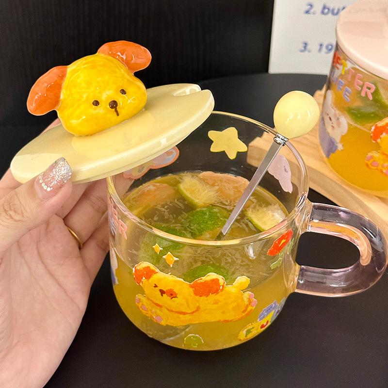 Cute Cartoon Animal High Borosilicate Glass Cup with Lid High Appearance Level  Qixi Festival Couple Water Cup Mug  Heat Resistant