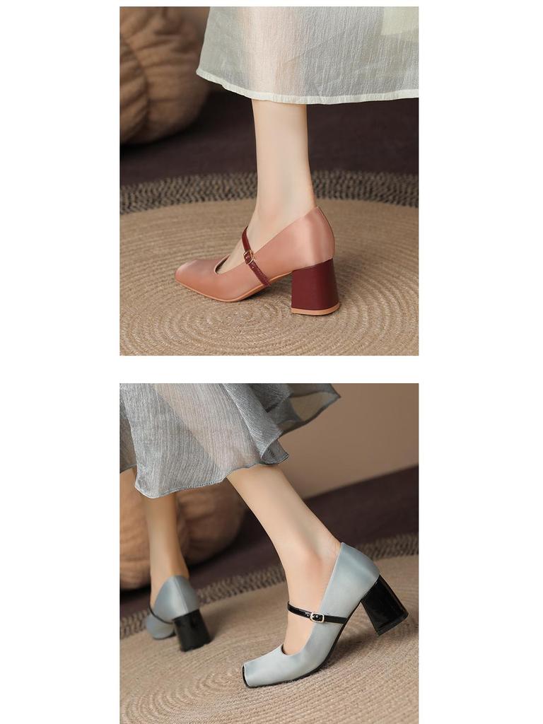 French Retro Pig Nose Square Toe Mary Jane Chunky Heels for Women - Spring/Autumn Style