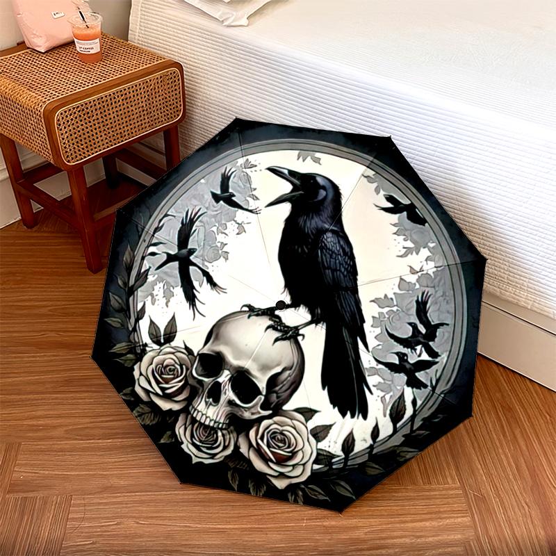 1PC Crow Raven Skull Umbrella Portable Folding Umbrella Iron Frame Hole Bone Structure Outdoor Home Umbrella