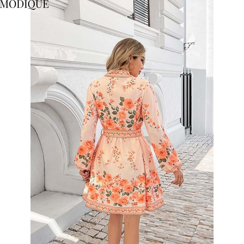 MODIQUE 2025 Summer Plus Size New Women's Casual Sexy Floral Printing Waist Flowing Belt Short Dress Ladies A-Line Hot Lantern Sleeve V-Neck Dress