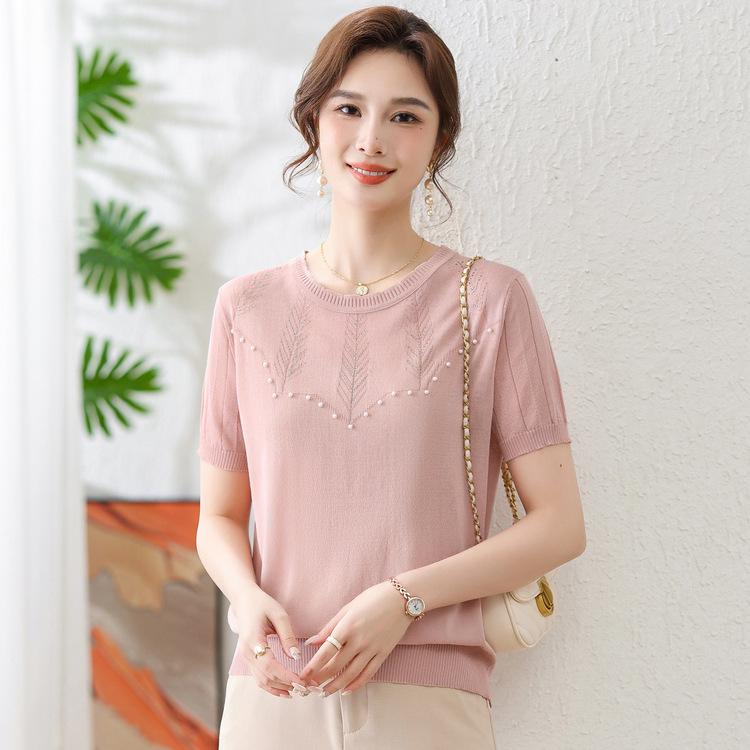 Mom's Summer Short-sleeved Knitted Jacket New Thin Ice Silk T-shirt for Middle-aged and Elderly Women with Foreign Style On Mother's Day