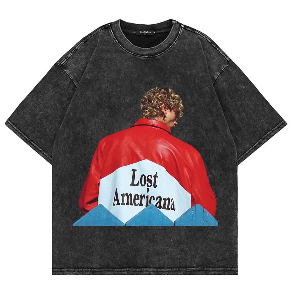 Vintage vyprané tričko Mgk Lost Americana Letní móda Pánské Streetwear Hip Hop Oversize Kyselý wash Trička Topy