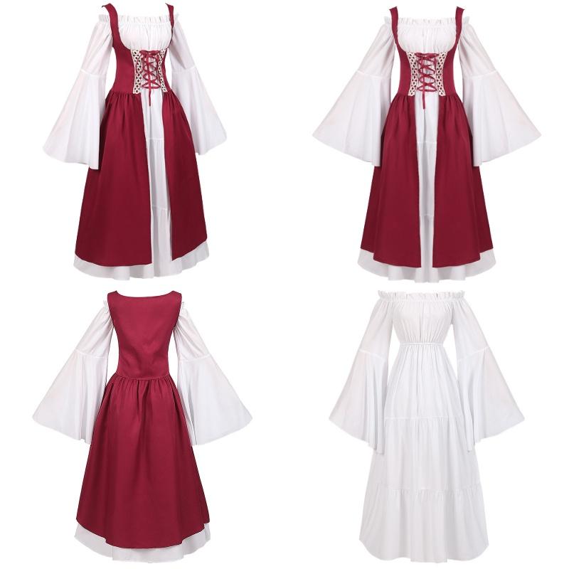 Medieval Women Victorian Long Red White Dress High Waist Design Parties Cosplay