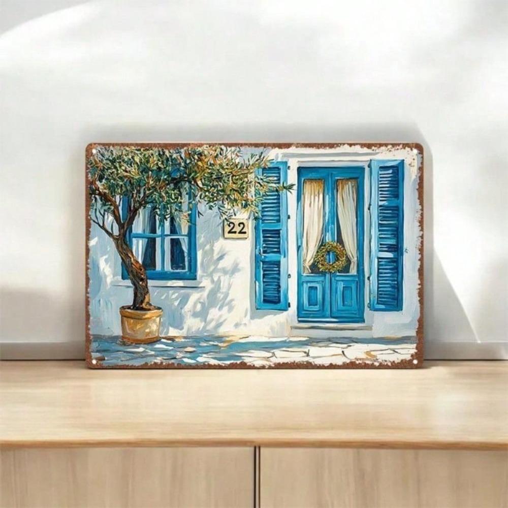 Vintage Olive Tree Blue Door Metal Wall Art 30cm